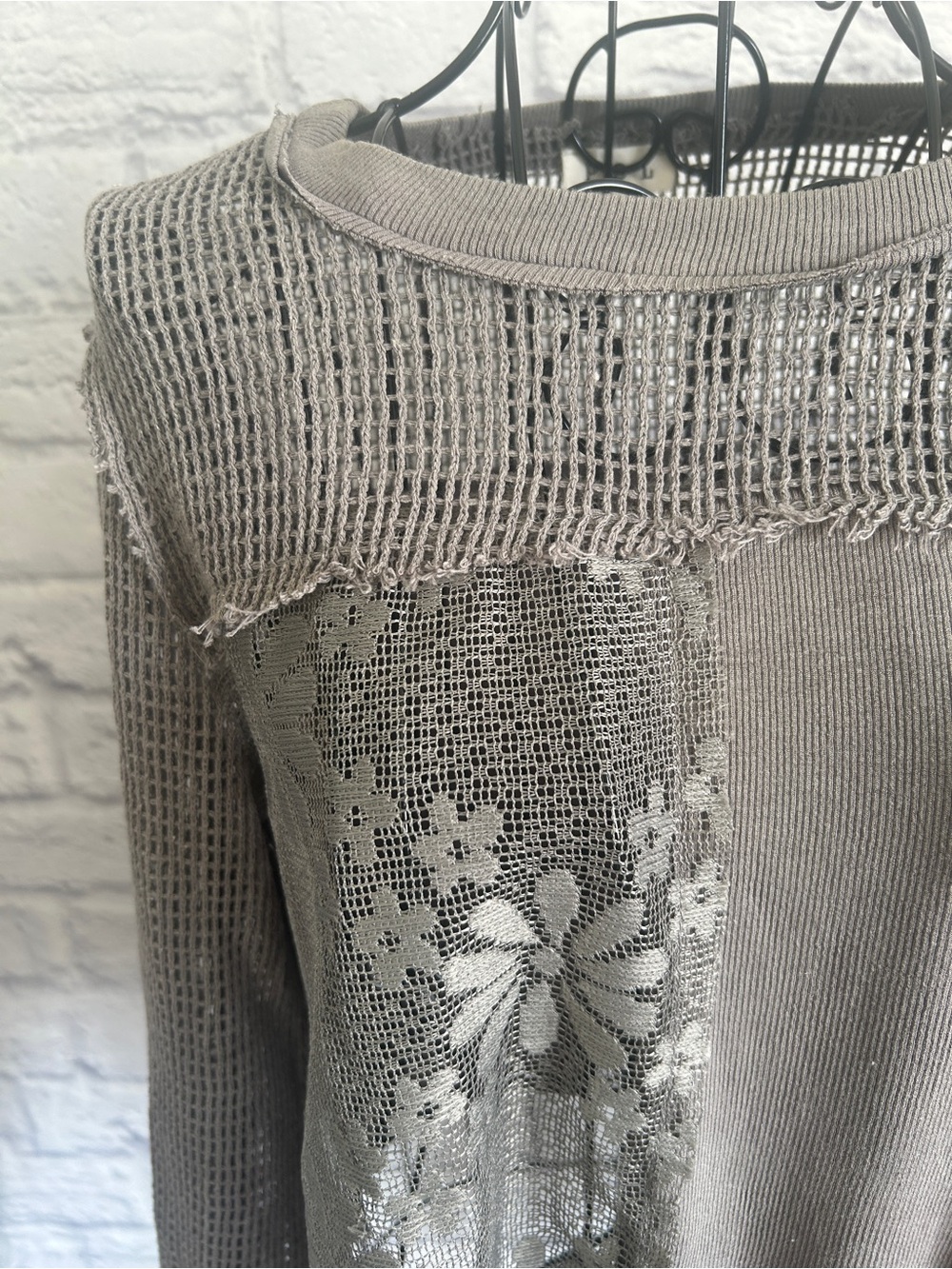 POL Crochet & Lace Patchwork Gray Long Sleeve Top - Picture 6 of 9
